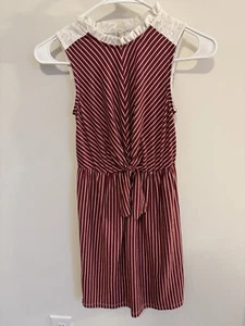 Burgundy Striped Girls Dress With White Lace Details - Picture 1 of 7