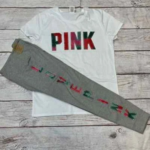 Victoria's Secret Pink Bling Logo Perfect Tee & Leggings Set XL - Picture 1 of 5