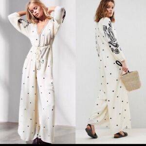 Free People Embroidered Boho Cottage Core Ivory Jumpsuit Romper Wide Leg sz S/P 