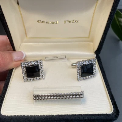 Gemelos de ónix SWANK Grand Prix vintage corbata patrimonio joyería para hombre usados Foto 1 de 4