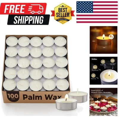 Elegantes luces de té blancas - 100 velas de cera de palma no tóxicas para bodas y fiestas Foto 1 de 4