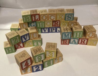 Lot Of Wooden Alphabet, Numbers, & Pictures Building Blocks  - Image 1 of 4
