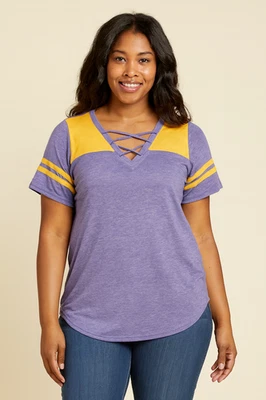 Camiseta de béisbol Maurices 24/7 púrpura amarillo a rayas manga corta para mujer talla S Foto 1 de 4