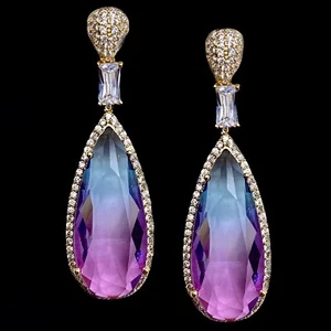 18k Gold Plated Long Drop Earrings made w Swarovski Crystal Multicolor Gorgeous - Picture 1 of 16