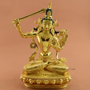 Estatua de cobre Manjushri de 14"" dorada tallada a mano pintada a mano de 14"" Patan, Nepal - Imagen 1 de 5