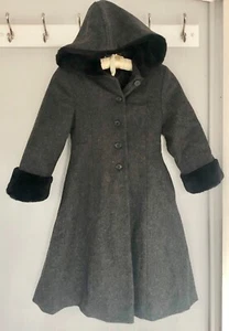 Vintage Girls Rothschild's Hooded Faux Fur Collar Wool Long Overcoat Size 7 - Picture 1 of 16