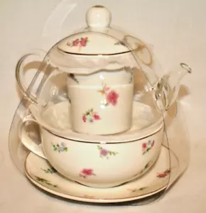 Grace Teaware Tea For One Pink Floral Glass Teapot Cup Saucer & Infuser New - Picture 1 of 3
