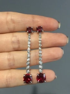 Designer Lab Created Ruby & Round CZ 925 Silver Rhodium Plate Long Earrings  - Picture 1 of 6