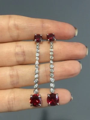 Designer Lab Created Ruby & Round CZ 925 Silver Rhodium Plate Long Earrings  - Image 1 of 4