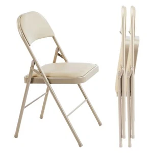 2 Pack Folding Chairs with Leather Padded Cushion & Durable Metal Frame Kahki - Picture 1 of 5