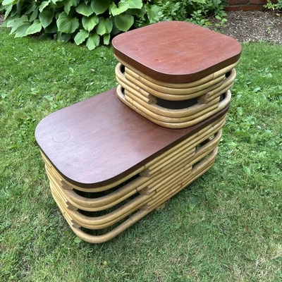 Стол многоярусный боковой Paul Frankl Style из ротанга в стиле ар-деко MCM - Изображение 1 из 4