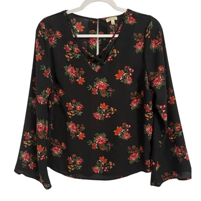 Lily White Woman's L Whimsigoth Floral Strappy Neck 3/4 Wide Sleeve Blouse L - Image 1 of 4
