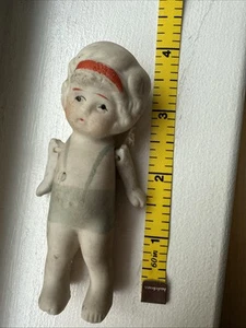Porcelain articulated doll Japan vintage overalls headband painted 4” - Picture 1 of 6