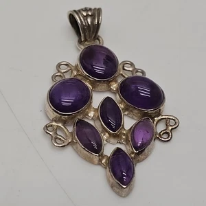 Sterling Silver 925 Amethyst Multi-Stone Cluster Pendant Vintage Statement - Picture 1 of 7