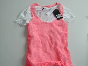 Maison scotch Doppeltshirt weiß mit rosapinkfarbenen Netzshirt Gr 1 Neu - Bild 1 von 3