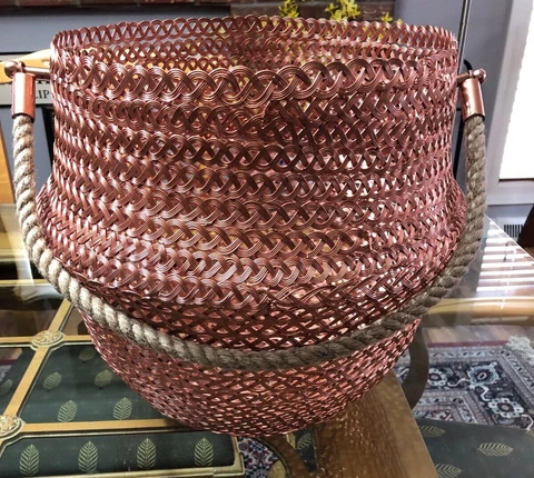 Large Woven Copper Hand Crafted Basket W/Rope Handle Cover