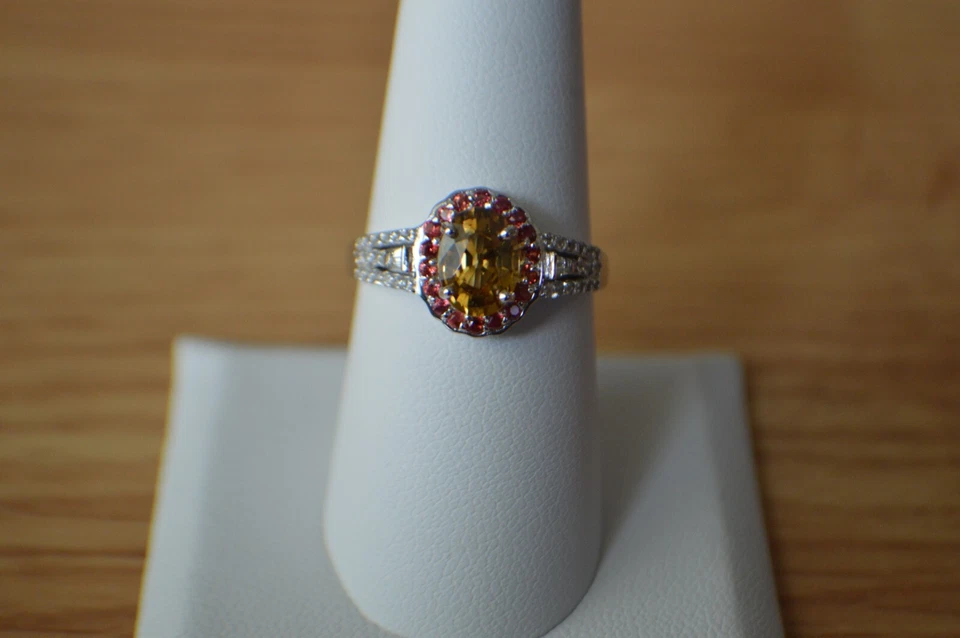 Anel de zircão amarelo/multigem 2,75 ct platina e ródio sobre prata fina tamanho 8 - Imagem 1 de 4