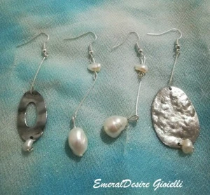 ORECCHINI DONNA PERLE BAROCCHE PENDENTI DESIGN IN ARGENTO MARTELLATO E ONDULATO - Foto 1 di 13