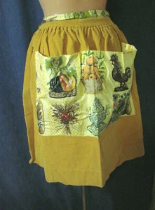 Vintage 60s Apron Corduroy Kitchen BEES Chicken Fruit Bread Wine Print Yellow - Imagen 1 de 4