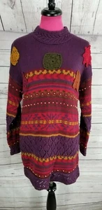 Vtg The Limited Mock Turtleneck Sweater Size L Womens Purple Hand Knit Crochet - Picture 1 of 7