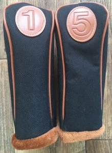Vintage Black Golf Head Covers - 1, 5 (Brown Lined Fur) - Picture 1 of 3