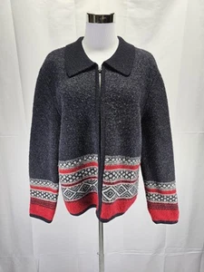VTG Petite Sophisticate Women's Sz L Gray Fair Isle 100% Wool Cardigan Sweater - Picture 1 of 6