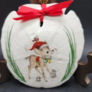 Christmas Deer On A Sand Dollar Shell 4.5" Ornament With Bunnies - Picture 1 of 3