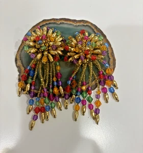Vintage Boho baumeln bunt Zigeuner Stil Kronleuchter Clip Ohrringe 3 1/2" Brutalist - Bild 1 von 6