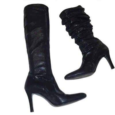 Bruno Magli Y2K Black Snakeskin Slouch Scrunch Heel Knee Boots - 8 - Image 1 of 4