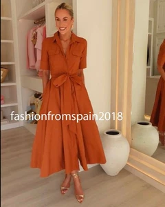ZARA MUJER NUEVA MIDI CINTURÓN ZW COLL. VESTIDO CAMISERO POPELÍN MARRÓN TOPO 2640/654/707 - Imagen 1 de 5