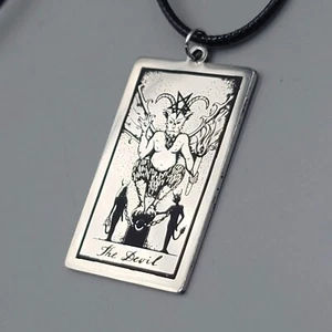 The DEVIL Tarot Card Pendant Necklace Major Arcana Silver tone Black Cord 18" - Picture 1 of 2