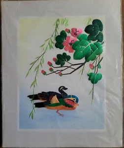 Vintage Hand Cut Dyed Wheat Stalk on Silk Flowers Birds Picture 9" x 11" - Picture 1 of 5