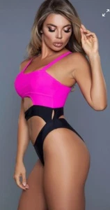 Pool Party Summer Beach Vacation Black & Neon Hot Pink One Piece Swimsuit Size S - Picture 1 of 2