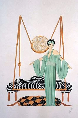 Erte 1987 PILLOW SWING Vestido Verde Griego Moda Pared Art Deco Estampado Mate Foto 1 de 4