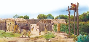 Original Feder & Tusche Kunst eines indianischen Irokesendorfes zeigt Alltag - Bild 1 von 6