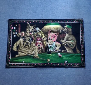 READ🔻 Vintage Turkish Wall Tapestry Dogs Drinking Playing Pool Billiards 52x33 - Picture 1 of 12