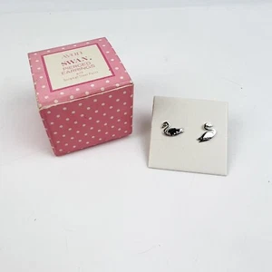 NEW Avon Vintage 1981 Child's Swan Pierced Earrings Silvertone Box Wear - Picture 1 of 5