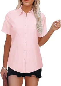 Womens Button Down Shirts Short Sleeve Dress Shirt,Solid Collared Blouse -M - Picture 1 of 4
