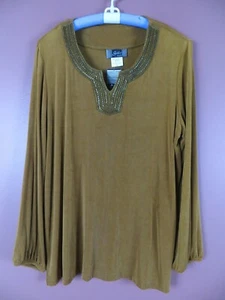 STK2356- NWT SLINKY BRAND Womens Travel Knit Blouse Beaded Golden Brown Sz XL - Picture 1 of 8
