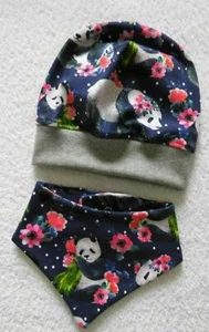  Handmade ♥ Gorro Beanie ♥ Pañuelo ♥ Juego de 2 piezas ♥ Panda ♥ Azul oscuro - Imagen 1 de 1