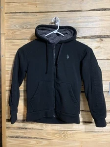 U.S. Polo Assn Black Sherpa Lined Zip Hoodie Size S Warm Fleece Logo Streetwear - Picture 1 of 14
