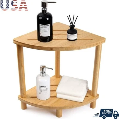 Bamboo Corner Shower Stool Waterproof 2-Tier Foot Rest Storage Shelf Caddy New - Image 1 of 4