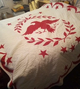 Vintage Eagle Quilt American Glory Patriotic Red & White 68" X 84" - Picture 1 of 10