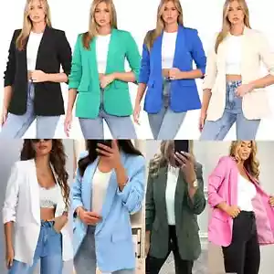 Women's Ruched Sleeve Blazer Lined Collared Casual/Formal Jacket, UK Sizes 8-14 - Picture 1 of 10