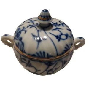 Vtg German TK Blue & White Porcelain Sugar Bowl w/ Lid Floral Pattern Gold Trim - Picture 1 of 10