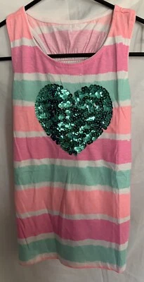 BRAND NEW Girl’s Jillian’s Closet Blue Sequined Heart Tank With Stripes 10-12 - Image 1 of 3