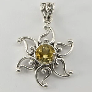 Facetted Yellow CITRINE Sun Pendant 925 STERLING SILVER Genuine Natural #52e - Picture 1 of 7