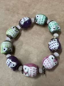 Hand Painted Ceramic Owl Bead Stretch Bracelet 2 Greens W Purple & Pink CUTE - Picture 1 of 2