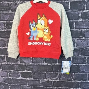 Bluey Boy's 4T Sweatshirt SMOOCHY KISS Red Gray Heart Bluey Bingo Chilli - Picture 1 of 10