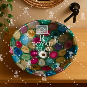 15" Colorful Agate Stone Sink | Round Gemstone Wash Basin for Luxury Bathrooms - Picture 1 of 8